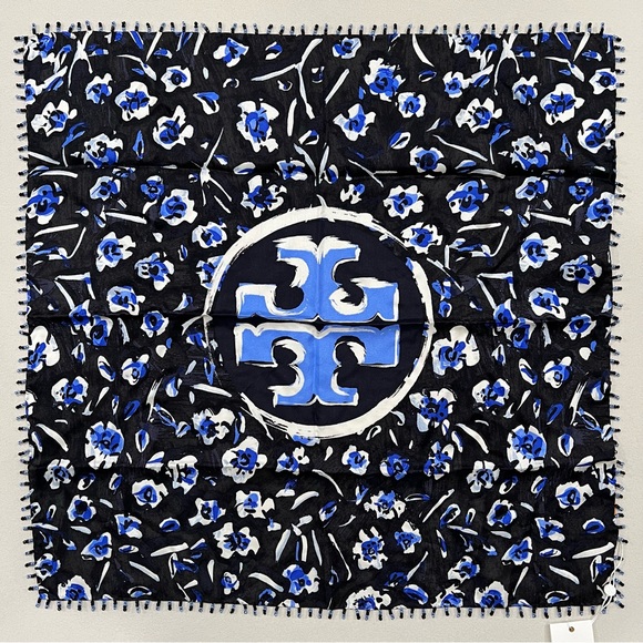 NWT Tory Burch Beaded Blue 100% Silk Scarf 21 In - Picture 3 of 7